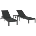 Chaises longues 2 pcs avec roues et table Noir Poly Rattan