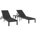Chaises longues 2 pcs avec roues et table Noir Poly Rattan