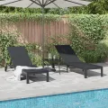 Chaises longues 2 pcs avec roues et table Noir Poly Rattan