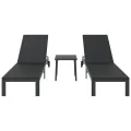 Chaises longues 2 pcs avec roues et table Noir Poly Rattan