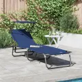 Chaise longue pliante avec auvent bleu en tissu Oxford 600D