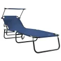Chaise longue pliante avec auvent bleu en tissu Oxford 600D