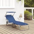 Chaise longue pliante avec auvent bleu en tissu Oxford 600D