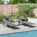 2 pcs Chaises longues pliantes avec auvent Gris Tissu Oxford 600D