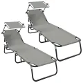 2 pcs Chaises longues pliantes avec auvent Gris Tissu Oxford 600D