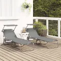 2 pcs Chaises longues pliantes avec auvent Gris Tissu Oxford 600D