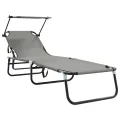 2 pcs Chaises longues pliantes avec auvent Gris Tissu Oxford 600D