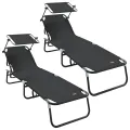 Chaises longues pliantes 2 pcs avec auvent Noir tissu Oxford 600D