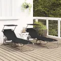 Chaises longues pliantes 2 pcs avec auvent Noir tissu Oxford 600D